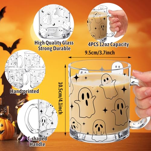 Halloween Ghost Glass Coffee Mug Set - 4 Pcs 12oz Spooky Ghost Pattern Drinkware