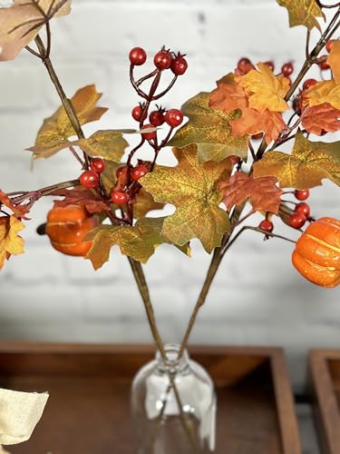 Artificial Fall Flowers Spray Set - 20 Inch Autumn Faux Flowers with Mini Pumpkins & Berries - Aztec Merigold Variation