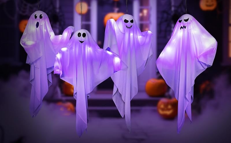 Light Up Halloween Ghost Decorations - Purple Ghosts 27.5 Inch Pack of 4 with LED Lights