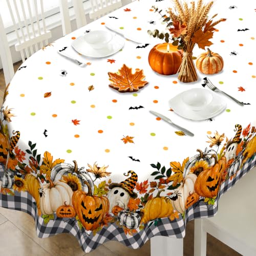 White Halloween Pumpkin Ghost Tablecloth - 84x60 Inch Oval Fall Decor