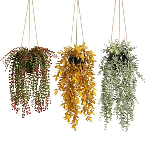 Artificial Hanging Plants with Black Pots - Fall Decor Set of 3 - Detachable Twines