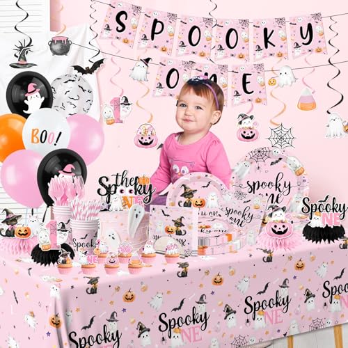 Pink Halloween First Birthday Party Decorations Set for Girl - Spooky Theme, Serves 24