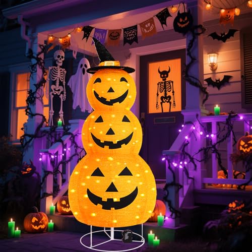 5Ft Collapsible Halloween Pumpkin Decorations with 100 LED & 8 Modes - Battery Operated, Indoor Outdoor Yard Party Fall