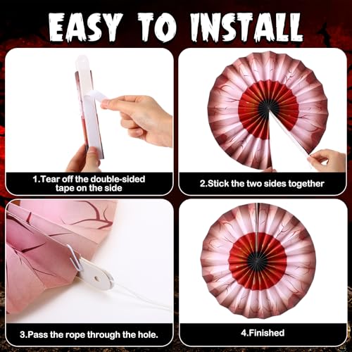 Halloween Eyeball Paper Fan Decorations - 9 Pcs Spooky Hanging Fans, Various Sizes