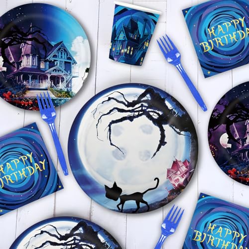 135Pcs Horror Birthday Party Decorations Blue Theme with Banner, Balloons, Plates, Napkins & Cake Toppers