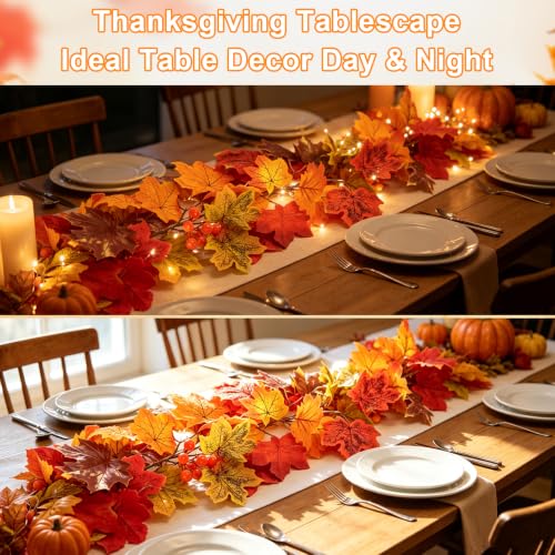 Fall Garland with Lights - 11.8ft Maple Leaf Wreath for Autumn Decor