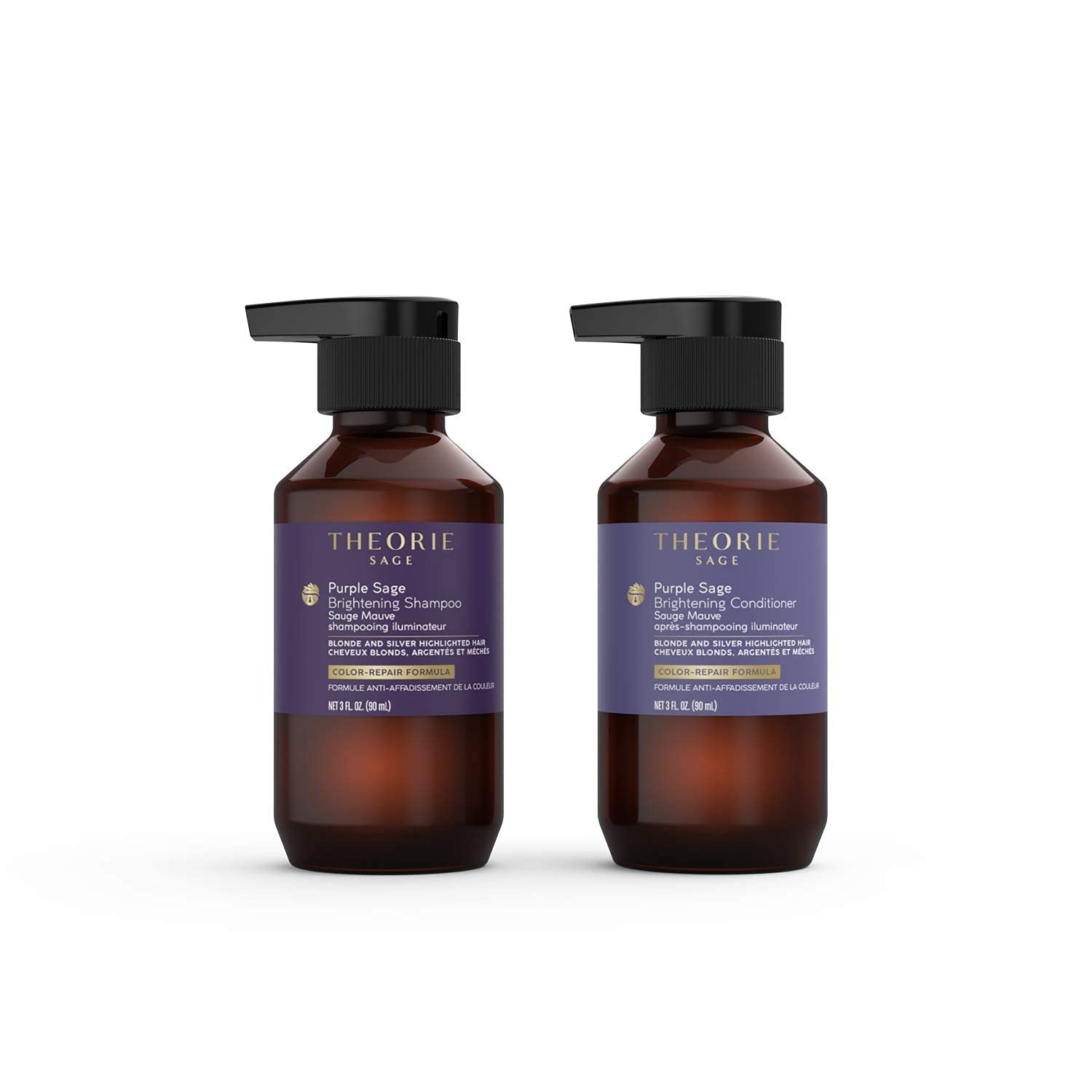Theorie Purple Sage Travel Set - Brightening Shampoo & Conditioner Minis - Color Repair Formula | 90mL Bottles for Blonde & Highlighted Hair