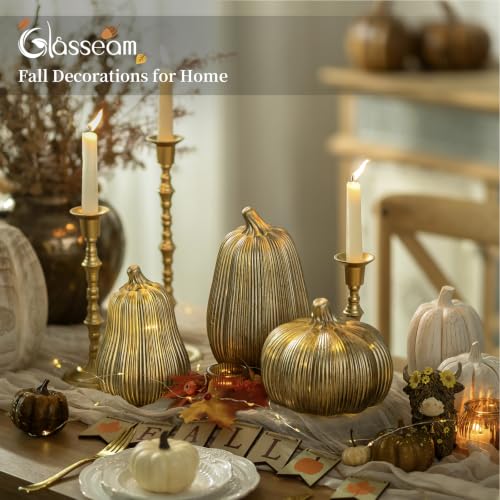 Gold Glass Pumpkin Lights with Timer - Set of 3 Halloween Decor
