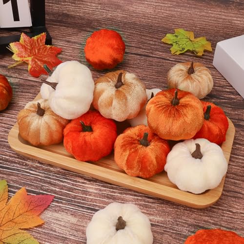 24 Pcs Faux Velvet Fall Pumpkins - Small Artificial Harvest Decorations