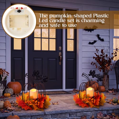 11.5-Inch Black Fall Pumpkin Lanterns with Flickering LED Candles - Set of 2