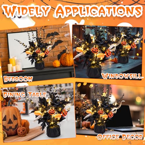 Halloween Centerpiece Set with LED Lights - Black Roses, Pumpkin Flowers, Eucalyptus, 16-Inch Decor