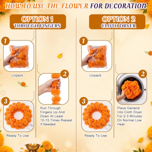 Orange Marigold Garland Lights - 9.8ft 20 LED Artificial Flowers, 4 Pack