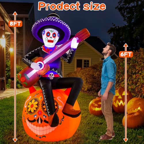 8 Ft Halloween Inflatable Skeleton Pumpkin Guitar with LED Lights for Outdoor Lawn Decor