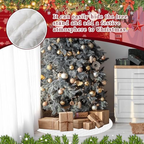 72 Inch Faux Fur White Christmas Tree Skirt for 7.5ft-12ft Trees with Diamond Pattern - Luxury Holiday Decor