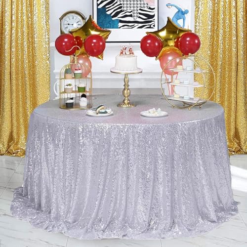 Silver Sequin Round Tablecloth 132 Inch for Events and Parties - Variation: Silver / 132"