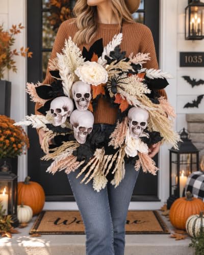 24-Inch Halloween Wreath with Skulls, Leaves & Peonies for Front Door Decor