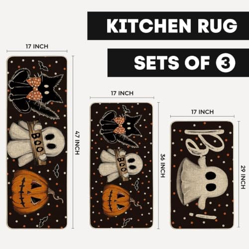 Halloween Kitchen Mats Set of 3 - Black Non-Slip Floor Mats 17x29/36/47 Inches