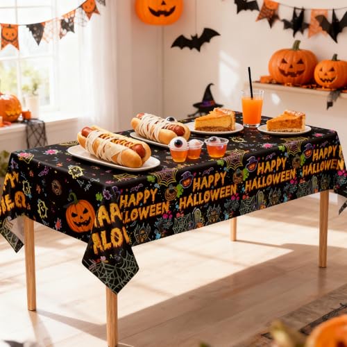 Halloween Disposable Plastic Tablecloths Set - Black Neon Pumpkins Bats Ghosts 5 Pack