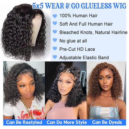 Kerberey Glueless Wigs Human Hair Pre Plucked Pre Cut Wear and Go Bob Wig Human Hair Deep Wave Wigs 5x5 HD Lace Closure Curly Wigs for Black Women Lace Front Glueless Wigs Human Hair 8Inch