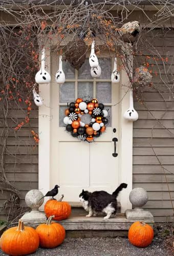 Halloween Ball Wreath 13 Inch Xmas Holiday Door Wall Decor Glitter Ornaments, White Black Orange