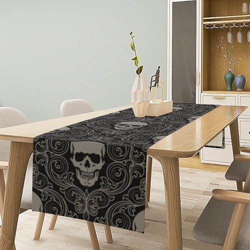 Gothic Skull Table Runner W13xL36 Black Abstract Halloween Damask Skeleton Decor