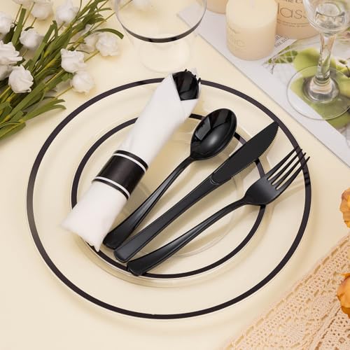 Black and Clear Disposable Plastic Plate Set for 25 Guests - 175 Pieces