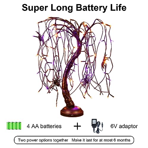 Halloween 24-Inch Lighted Willow Tree Bonsai with Orange & Purple LED Lights, Spiders - Tabletop Decor
