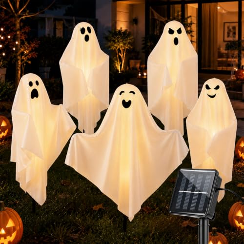 Solar Ghost Yard Decorations 5-Pack Outdoor Halloween Lights with 8 Modes