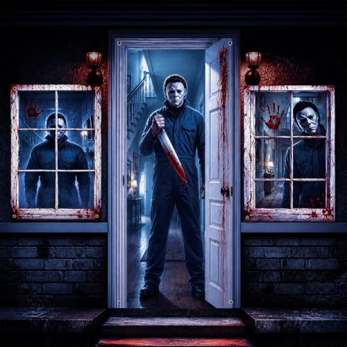 Halloween Door Cover & Window Decal Set - Spooky Blood-Themed Horror Decorations