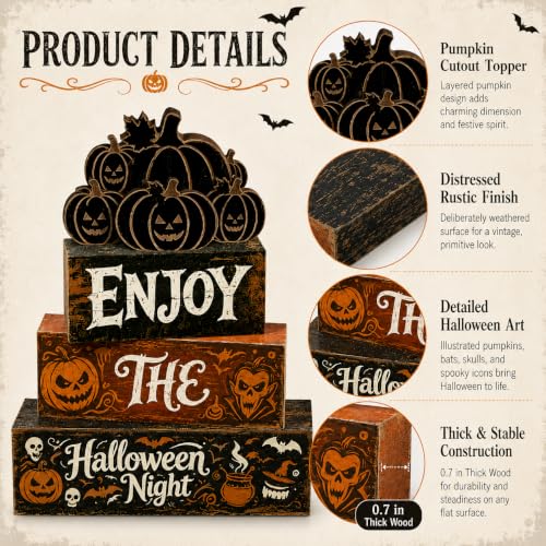 Halloween Wooden Tiered Tray Decor Set with Pumpkin and Spooky Signs