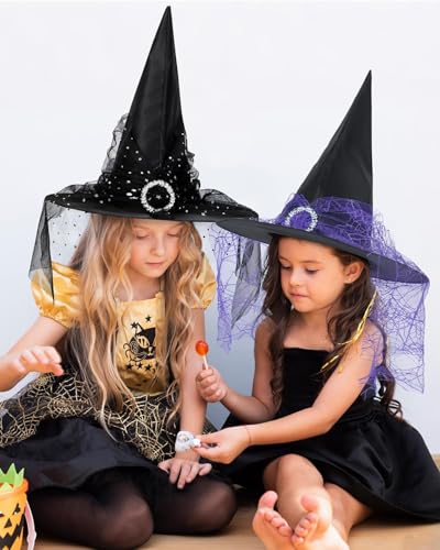 Girls Lace Witch Hat Kids Halloween Costume Foldable Veil - Black, Small