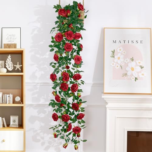 Artificial Red Rose Garlands Set of 5 - 32.5 ft, Realistic Flower Vines for Decor