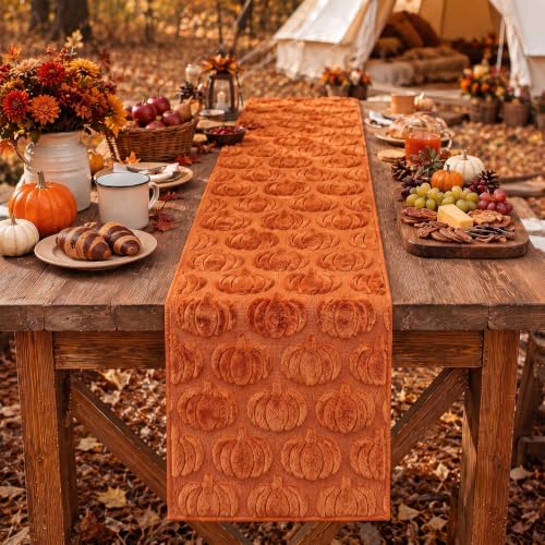 Caramel Fall Table Runner with 3D Pumpkin Decor - 13x72 Inch Autumn Thanksgiving