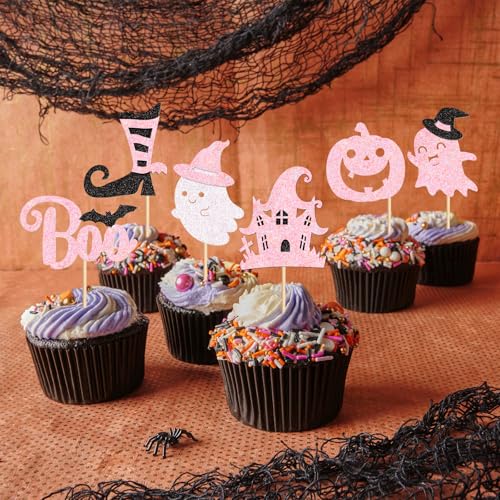 Pink Ghost Boo Cupcake Toppers - 24Pcs Halloween Cake Picks - Pink Castle Variation