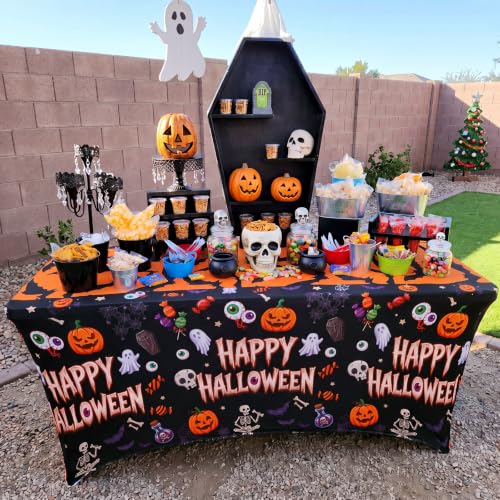 Halloween Tablecloth Set - 2 Elastic Spandex Cover with Skeletons Bats Ghosts Pumpkin - 6ft