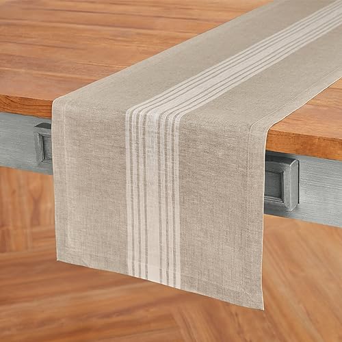 Linen Table Runner 14x120 Inches - White & Natural Striped, Handcrafted