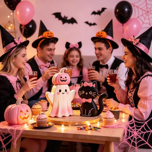 Pink Halloween Decor Set - Wooden Tabletop Figurines with Ghost, Pumpkin & Black Cat - Variation 2