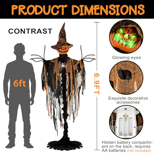 83-Inch Animatronic Pumpkin Man with Light-Up Eyes, Creepy Sounds, Motion - Standing Pumpkin Halloween Decor