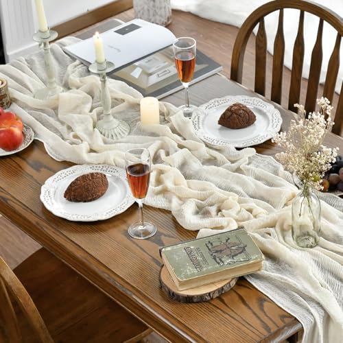 120 Inch 3-Piece Boho Beige Gauze Wedding Table Runner Set - Durable Fabric for Home & Party Decor