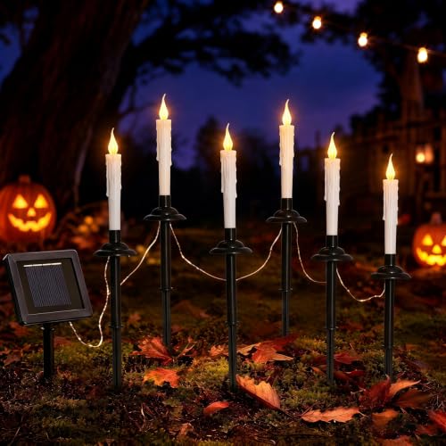 Outdoor Solar Candle Stake Lights Set of 6 - Flameless Halloween Yard Decor