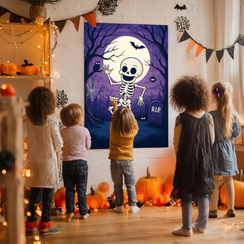 Halloween Skeleton Pin the Teeth Party Game with Sticker Poster and Blindfolds