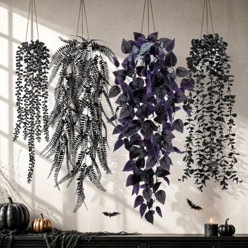 Fake Gothic Plants 4-Pack for Halloween Bathroom & Indoor Decor - White Pot Variation