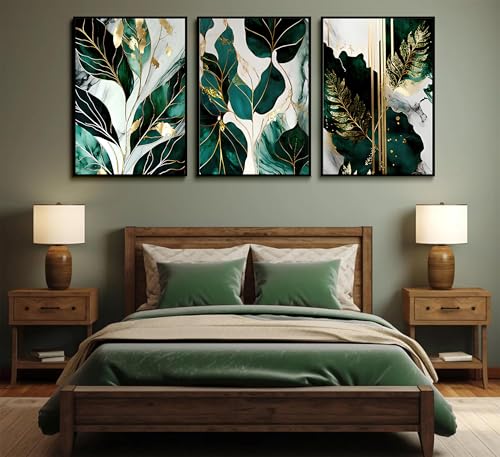 Green and Gold Abstract Wall Art Set - 16x24 Inch Emerald Canvas Prints for Living Room & Bedroom - Unframed