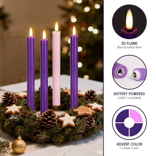 Flameless Taper Candles with Remote - Real Wax Advent Candles Set - Purple & Pink