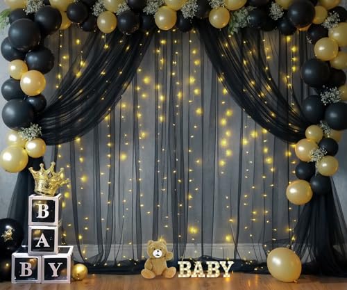 Black Sheer Backdrop Curtains with String Lights for Parties & Photos 10x15ft - 2 Panels