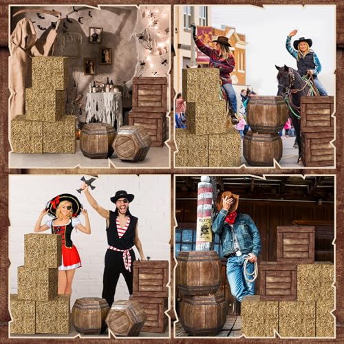 8 Pcs Western Hay Bale & Wine Barrel Party Decoration Boxes - Rustic Centerpieces