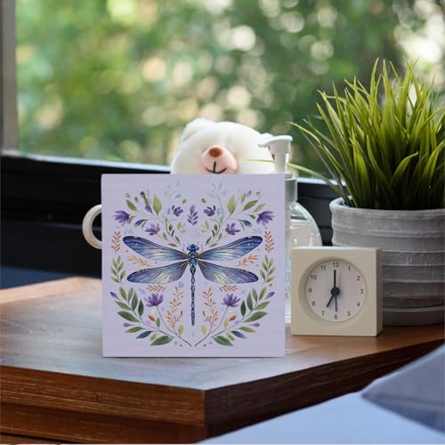 Purple Floral Dragonfly Wooden Desk Sign - Rustic Decorative Table Accent