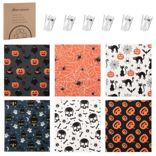 Halloween Swedish Dishcloths Set with Clips - Ghost Black Cat Spider Variation