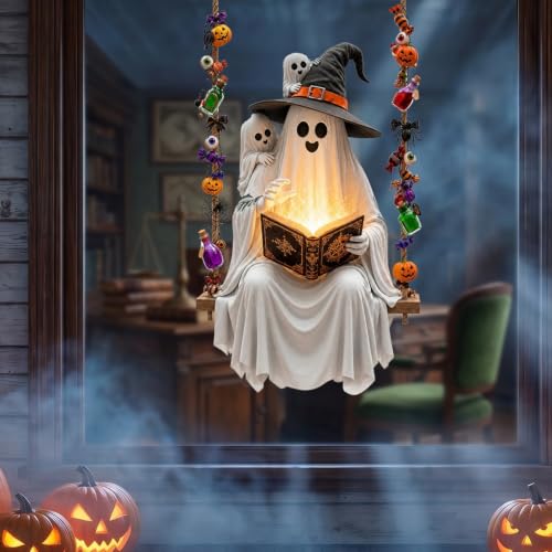Halloween Ghost Window Clings - Spooky Reading Book Swing Design for Holiday Decoration - Variation 1280