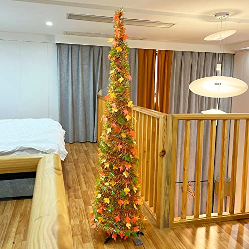 5ft Pop Up Tinsel Tree with LED Lights - Artificial Maple Fall Decor Yellow